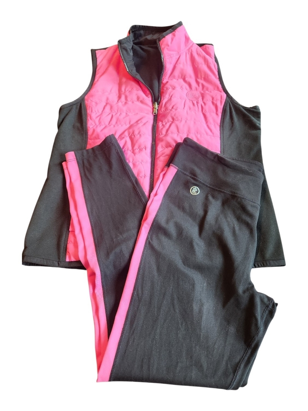 Lauren Ralph Lauren Black and Hot Pink Athletic Vest & Leggings Set, Women's, L